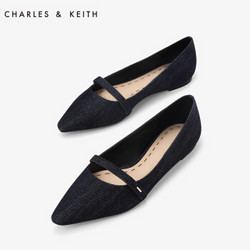 CHARLES&KEITH女鞋CK1-70900094玛丽珍带装饰尖头平底单鞋 蓝色 35