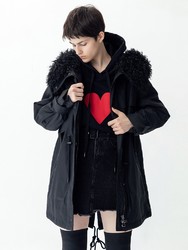 MOCO2018冬季羊毛领连帽中长款大衣棉服外套女MA183COT114摩安珂